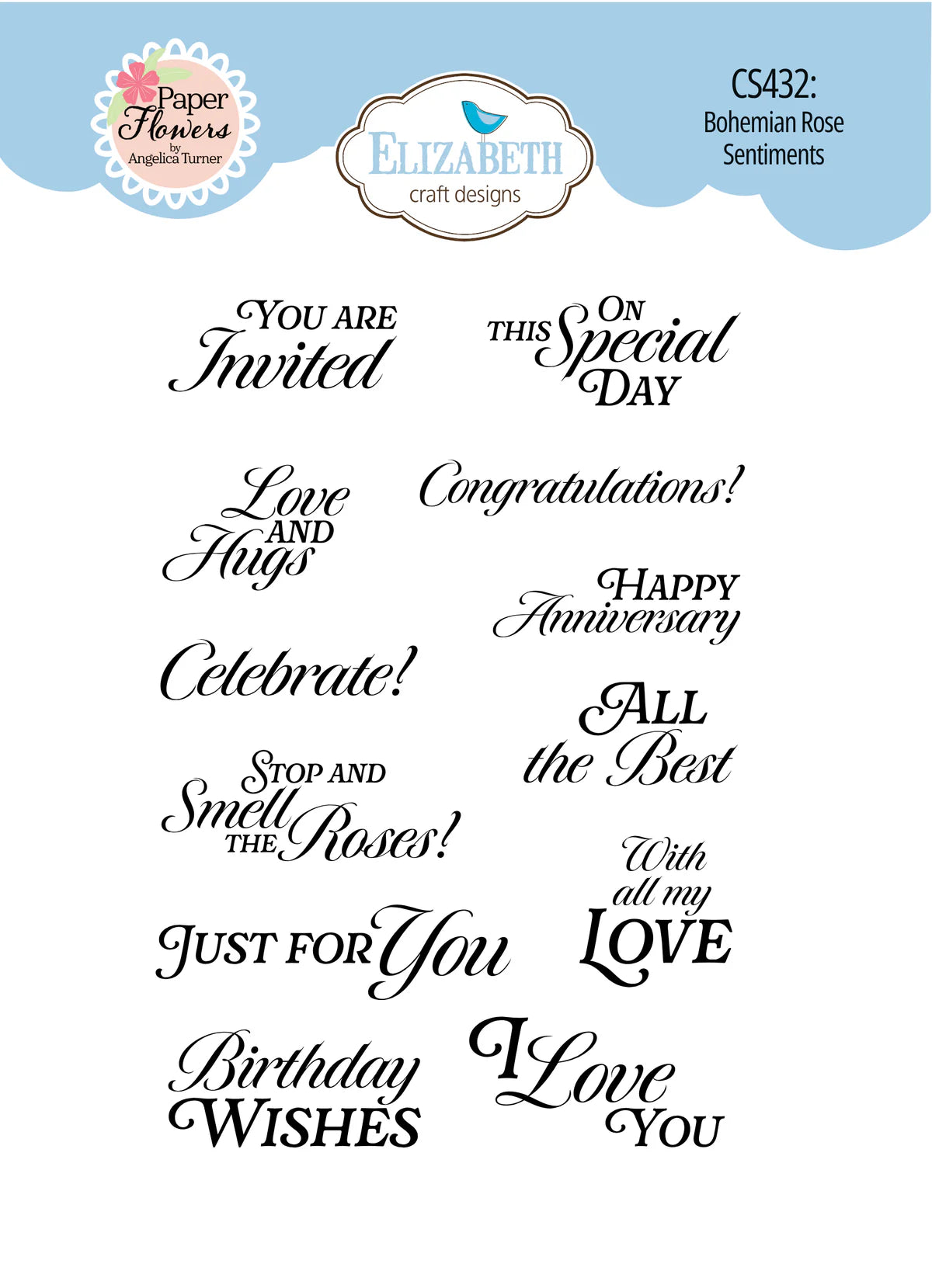 Elizabeth Craft Designs Bohemian Rose Sentiments Stamp Set